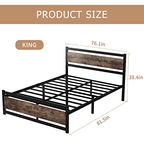 EKRISON King Size Bed Frame with Wooden Headboard, No Box Spring Needed, Heavy Duty Metal Bed Frame, Strong Slat Support, Mattress Foundation, Twin XL/Queen/King (King)