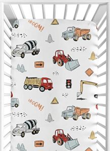 sweet jojo designs construction truck boy fitted crib sheet baby or toddler bed nursery - grey yellow orange red and blue transportation