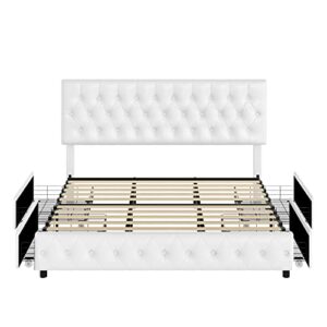 Keyluv Modern Upholstered Bed Frame with 4 Drawers, Button Tufted Headboard Design, Solid Wooden Slat Support, Easy Assembly, Full Size, White