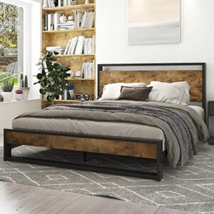 imusee full size bed frame with wood headboard, rustic farmhouse full platform bed frame with heavy duty strong metal slats support, modern bed framework, no box spring needed, easy assembly, brown