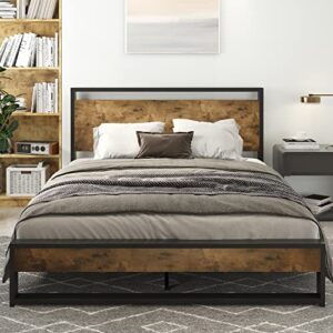 IMUsee Full Size Bed Frame with Wood Headboard, Rustic Farmhouse Full Platform Bed Frame with Heavy Duty Strong Metal Slats Support, Modern Bed Framework, No Box Spring Needed, Easy Assembly, Brown