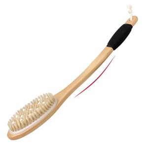 owiizi bath brush wooden curved long handle antiskid body shower brush for exfoliating, natural bristle back scrubber for shower use wet or dry