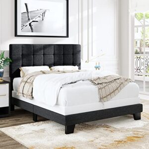 allewie full size panel bed frame with adjustable headboard for high profile/fabric upholstered/square stitched padded headboard/box spring or bunkie board required/dark grey