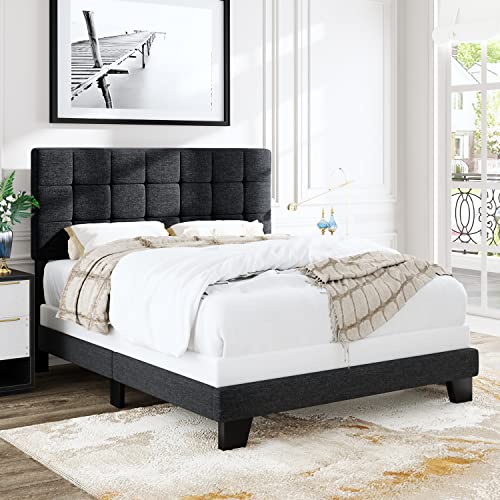 Allewie Full Size Panel Bed Frame with Adjustable Headboard for High Profile/Fabric Upholstered/Square Stitched Padded Headboard/Box Spring or Bunkie Board Required/Dark Grey