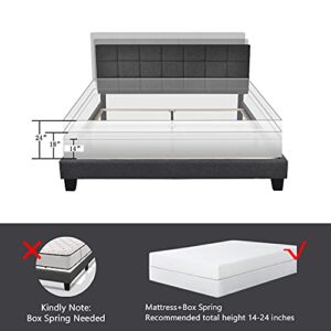 Allewie Full Size Panel Bed Frame with Adjustable Headboard for High Profile/Fabric Upholstered/Square Stitched Padded Headboard/Box Spring or Bunkie Board Required/Dark Grey