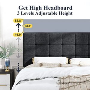 Allewie Full Size Panel Bed Frame with Adjustable Headboard for High Profile/Fabric Upholstered/Square Stitched Padded Headboard/Box Spring or Bunkie Board Required/Dark Grey