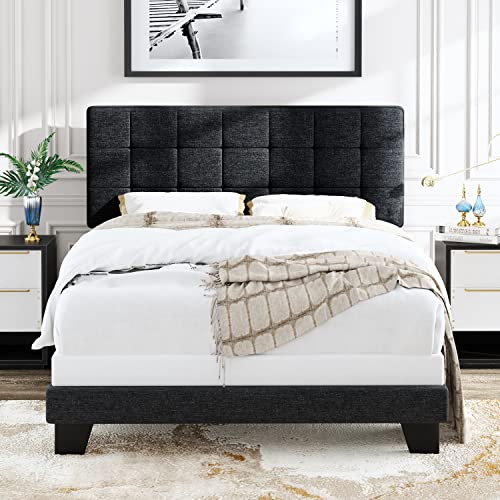 Allewie Full Size Panel Bed Frame with Adjustable Headboard for High Profile/Fabric Upholstered/Square Stitched Padded Headboard/Box Spring or Bunkie Board Required/Dark Grey