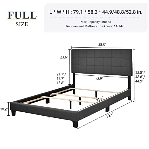 Allewie Full Size Panel Bed Frame with Adjustable Headboard for High Profile/Fabric Upholstered/Square Stitched Padded Headboard/Box Spring or Bunkie Board Required/Dark Grey