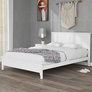meritline full size platform bed frame with headboard/solid wood foundation with wood slat support/no box spring needed/easy assembly, rustic pine (full, white)