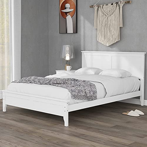 MERITLINE Full Size Platform Bed Frame with headboard/Solid Wood Foundation with Wood Slat Support/No Box Spring Needed/Easy Assembly, Rustic Pine (Full, White)