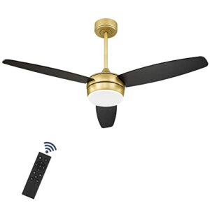 youkain modern ceiling fan, 52 inch gold ceiling fan with light and remote control, led ceiling fan with 3 matte black blades for living room, bedroom, bathroom, 52-yj273-bk