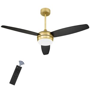 YOUKAIN Modern Ceiling Fan, 52 Inch Gold Ceiling Fan with Light and Remote Control, LED Ceiling Fan with 3 Matte Black Blades for Living Room, Bedroom, Bathroom, 52-YJ273-BK