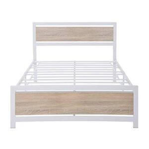 Tensun Full Size Bed Frame with Footboard and Wood Headboard,Heavy Duty Platform Bed Frame, Steel Slats Mattress Foundation Square Pipe Design, No Box Spring Needed, Noise Free, White