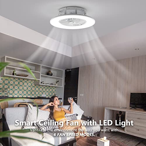 PrimeMall Bladeless Ceiling Fan with Light and Remote Control Low Profile Ceiling Fan 22" Modern Enclosed Multi-Speed Indoor Ceiling Fan 3 Color Temperatures Smart LED Dimmable Lighting Flush Mount