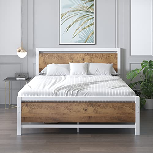 Catrimown Queen Platform Metal Bed Frame with Wooden Headboard and Footboard/Rustic Country Style Mattress Foundation/No Box Spring Needed/Under Bed Storage/Strong Slat Support (White, Queen)