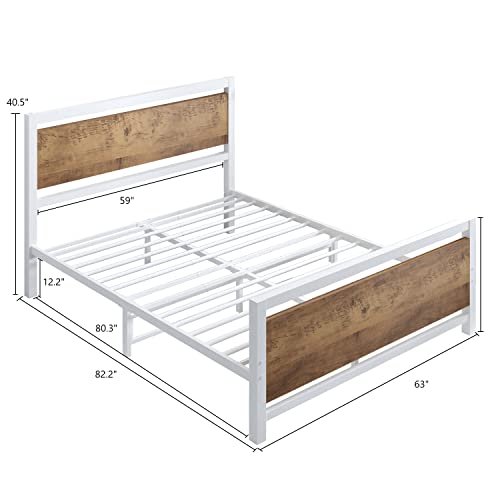 Catrimown Queen Platform Metal Bed Frame with Wooden Headboard and Footboard/Rustic Country Style Mattress Foundation/No Box Spring Needed/Under Bed Storage/Strong Slat Support (White, Queen)