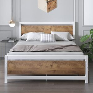 Catrimown Queen Platform Metal Bed Frame with Wooden Headboard and Footboard/Rustic Country Style Mattress Foundation/No Box Spring Needed/Under Bed Storage/Strong Slat Support (White, Queen)
