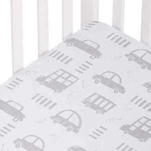 andi mae crib sheet - grey cars -100% jersey cotton - fits standard crib or toddler mattresses