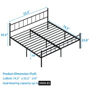 zizin 14 Inch Full Metal Bed Frame with Headboard and Footboard Heavy Duty Platform Bedframe No Box Spring Needed Balck,Round Tube,Easy Assembly,Full Size Frame