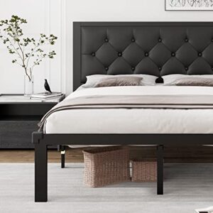 ipormis full size metal bed frame with faux leather button tufted headboard, 12" underbed space, steel slats support, noise free, easy assembly, no box spring needed, black