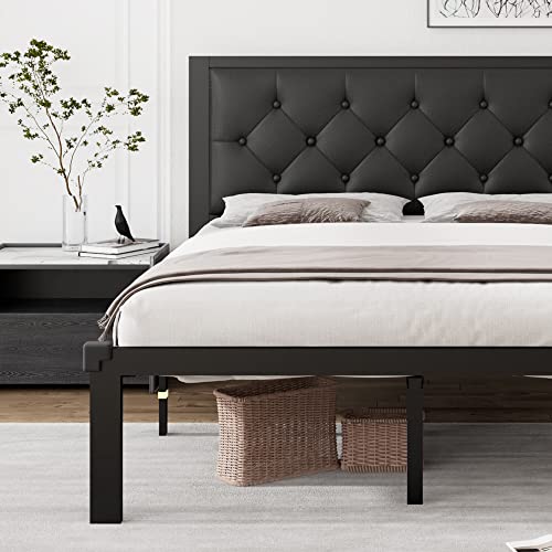 iPormis Full Size Metal Bed Frame with Faux Leather Button Tufted Headboard, 12" Underbed Space, Steel Slats Support, Noise Free, Easy Assembly, No Box Spring Needed, Black