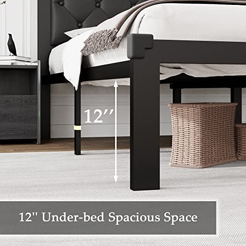 iPormis Full Size Metal Bed Frame with Faux Leather Button Tufted Headboard, 12" Underbed Space, Steel Slats Support, Noise Free, Easy Assembly, No Box Spring Needed, Black