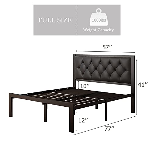 iPormis Full Size Metal Bed Frame with Faux Leather Button Tufted Headboard, 12" Underbed Space, Steel Slats Support, Noise Free, Easy Assembly, No Box Spring Needed, Black