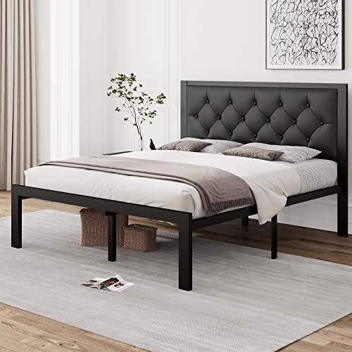 iPormis Full Size Metal Bed Frame with Faux Leather Button Tufted Headboard, 12" Underbed Space, Steel Slats Support, Noise Free, Easy Assembly, No Box Spring Needed, Black