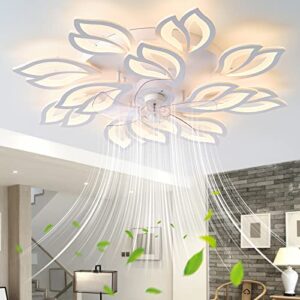 modern ceiling fans with lights, ceiling fan with dimmable led lights and remote, bladeless ceiling fan lights low profile ceiling fan reversible blades 6 wind speed timing for bedroom 35''（white）