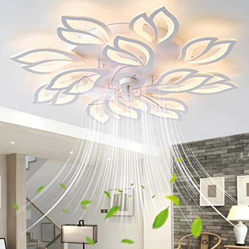 Modern Ceiling Fans with Lights, Ceiling Fan with Dimmable LED Lights and Remote, Bladeless Ceiling Fan Lights Low Profile Ceiling Fan Reversible Blades 6 Wind Speed Timing for Bedroom 35''（White）