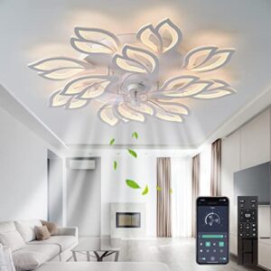 Modern Ceiling Fans with Lights, Ceiling Fan with Dimmable LED Lights and Remote, Bladeless Ceiling Fan Lights Low Profile Ceiling Fan Reversible Blades 6 Wind Speed Timing for Bedroom 35''（White）