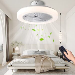 nfod modern ceiling fan with lights,18in smart enclosed bladeless ceiling fan and remote control,72w led flush mount low profile ceiling fans,3 colors dimmable 3 speeds 1/2 timing