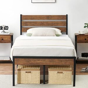 amyove twin size bed frame with rustic vintage wood headboard, metal slats support, mattress foundation, no box spring needed, easy assembly
