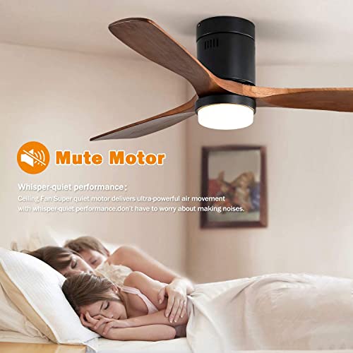 CACI Mall Flush Mount Ceiling Fan with Light， Low Profile Ceiling Fan with Remote Control，52'' indoor Ceiling Fan，3 Walnut Wood Blades， Noiseless DC Motor