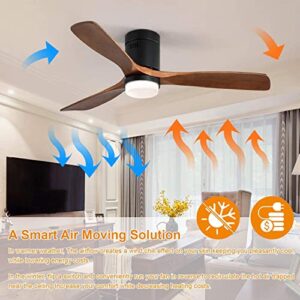 CACI Mall Flush Mount Ceiling Fan with Light， Low Profile Ceiling Fan with Remote Control，52'' indoor Ceiling Fan，3 Walnut Wood Blades， Noiseless DC Motor