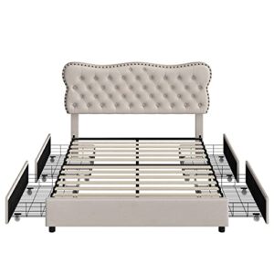 HOSTACK Full Bed Frame with 4 Storage Drawers, Upholstered Platform Bed Frame with Button Tufted Headboard, Heavy Duty Mattress Foundation with Wooden Slats, No Box Spring Needed (Beige, Full)