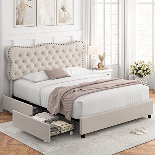 HOSTACK Full Bed Frame with 4 Storage Drawers, Upholstered Platform Bed Frame with Button Tufted Headboard, Heavy Duty Mattress Foundation with Wooden Slats, No Box Spring Needed (Beige, Full)