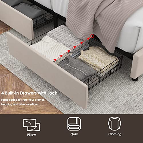 HOSTACK Full Bed Frame with 4 Storage Drawers, Upholstered Platform Bed Frame with Button Tufted Headboard, Heavy Duty Mattress Foundation with Wooden Slats, No Box Spring Needed (Beige, Full)