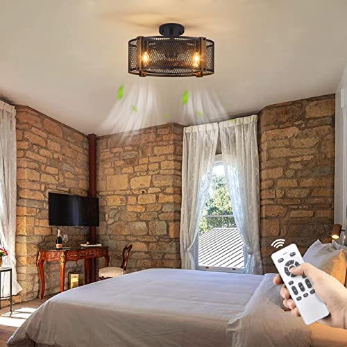 SADENICEL Farmhouse Low Profile Caged Ceiling Fan with Lights Remote Control,17 Inch Industrial Bedroom Ceiling Fan, Bladeless Ceiling Fan with Lights for Kitchen, Bedroom, Dining Room