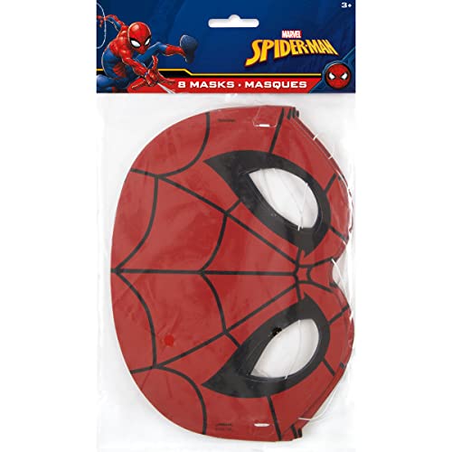 Unique Spiderman Birthday Party Supplies Bundle Pack includes Dessert Cake Paper Plates, Lunch Plates, Napkins, Table Cover, Paper Masks, Confetti (Bundle for 16)