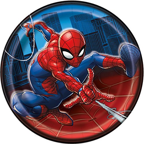 Unique Spiderman Birthday Party Supplies Bundle Pack includes Dessert Cake Paper Plates, Lunch Plates, Napkins, Table Cover, Paper Masks, Confetti (Bundle for 16)