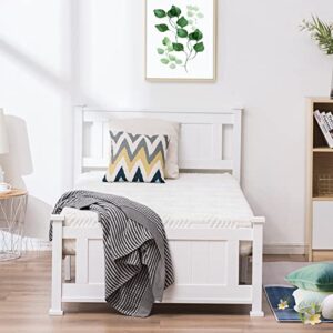 bonnlo white twin bed frame with headboard,modern wood bed single bed for adults, no box spring needed panel bed, wood slat support mattress foundation