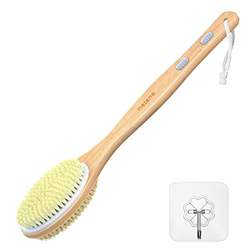 Metene Bamboo Body Brush with Stiff and Soft Natural Bristles, Back Scrubber for Shower with Long Handle, Dual-Sided Brush Head for Wet or Dry Brushing, Exfoliating Skin and Clean The Body Easily