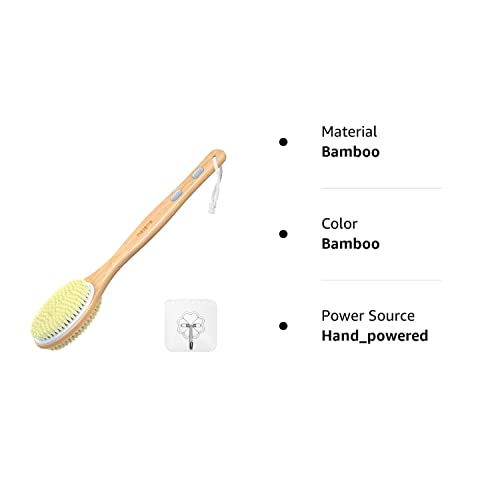 Metene Bamboo Body Brush with Stiff and Soft Natural Bristles, Back Scrubber for Shower with Long Handle, Dual-Sided Brush Head for Wet or Dry Brushing, Exfoliating Skin and Clean The Body Easily