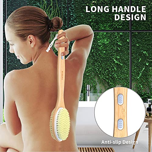 Metene Bamboo Body Brush with Stiff and Soft Natural Bristles, Back Scrubber for Shower with Long Handle, Dual-Sided Brush Head for Wet or Dry Brushing, Exfoliating Skin and Clean The Body Easily