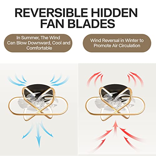 DADUL 16.5" Ceiling Fan with Lights Remote Control, Flush Mount Bladeless Ceiling Fan, 3 Color 6 Speeds Wind Low Profile Ceiling Fan with Light for Bedroom Living Room - Gold