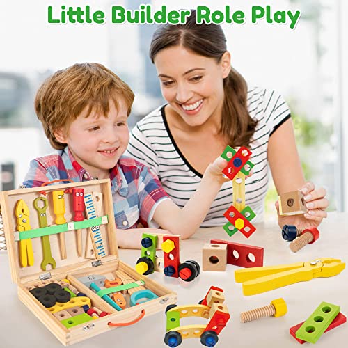 Bravmate Kids Tool Set, Pretend Play Toddler Wooden Tool Toys with Tool Box, Educational DIY STEM Toys for Boys and Girls Age 3, 4, 5 and Up (37 Pieces)