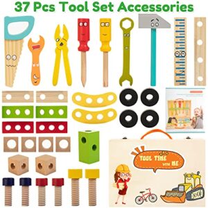 Bravmate Kids Tool Set, Pretend Play Toddler Wooden Tool Toys with Tool Box, Educational DIY STEM Toys for Boys and Girls Age 3, 4, 5 and Up (37 Pieces)