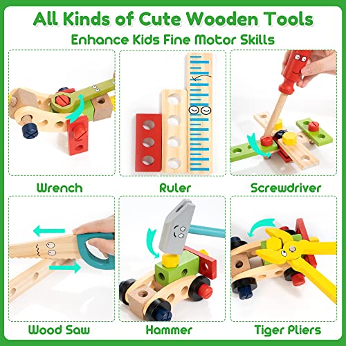 Bravmate Kids Tool Set, Pretend Play Toddler Wooden Tool Toys with Tool Box, Educational DIY STEM Toys for Boys and Girls Age 3, 4, 5 and Up (37 Pieces)