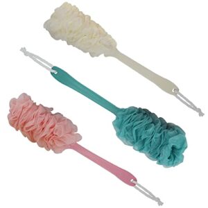 3 pcs back brush long handle for shower, loofah back scrubber with soft mesh for body, shower brush with lanyard for men and women, exfoliating body scrubber (blue, pink, white)